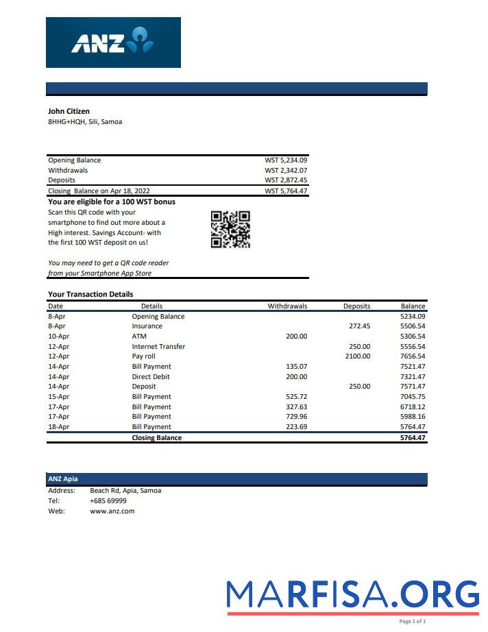 Blank Samoa ANZ bank statement excel example